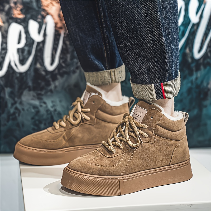 Mens Trendy High Top Solid Skate Shoes With Warm Plush Lining Comfy Non Slip Casual Thermal Lace Up   Winter Men s Shoes Temu details 12