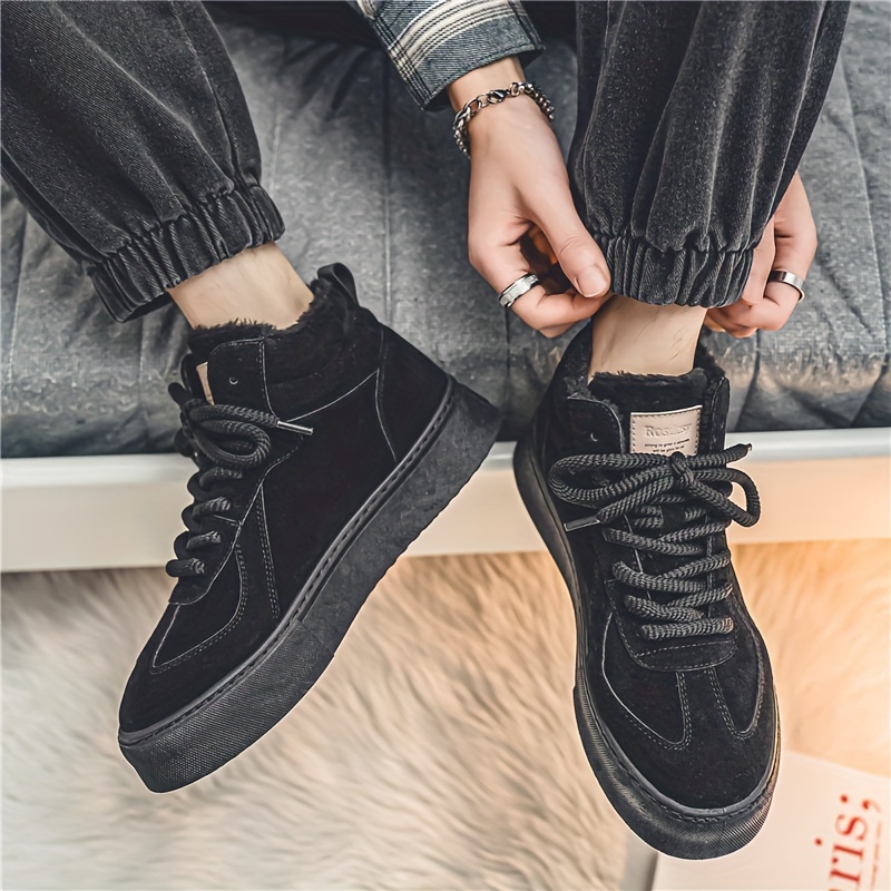 Mens Trendy High Top Solid Skate Shoes With Warm Plush Lining Comfy Non Slip Casual Thermal Lace Up   Winter Men s Shoes Temu details 16