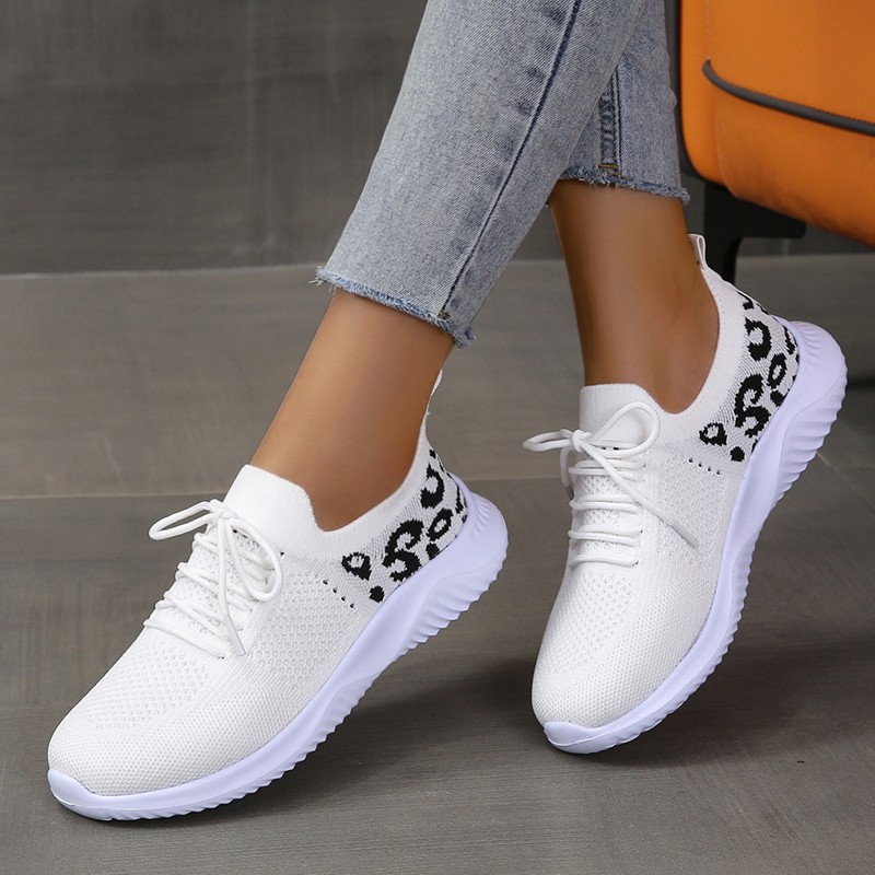 knitted casual sneakers leopard print breathable mesh lace details 0