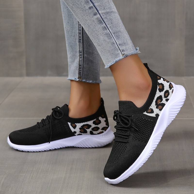 knitted casual sneakers leopard print breathable mesh lace details 1