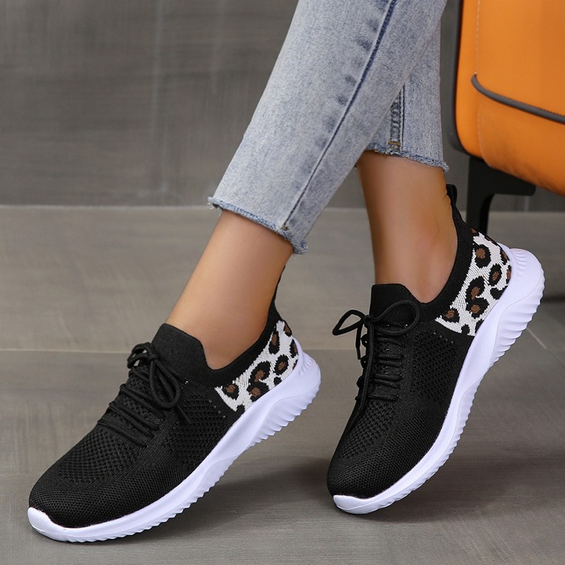 knitted casual sneakers leopard print breathable mesh lace details 2